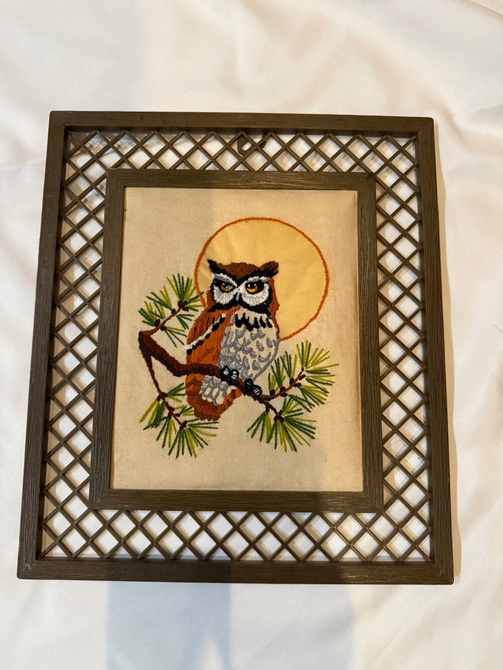Vintage Owl Crewel Embroidery Wall Art, Framed Needlepoint Owl, Woodland